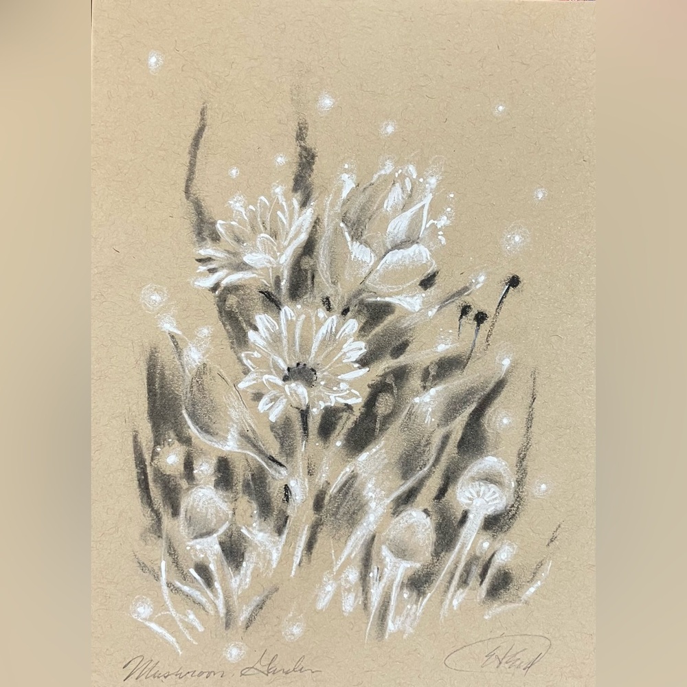 ORIGINAL Mushroom painting Garden art Charcoal pastel floral flowers artwork